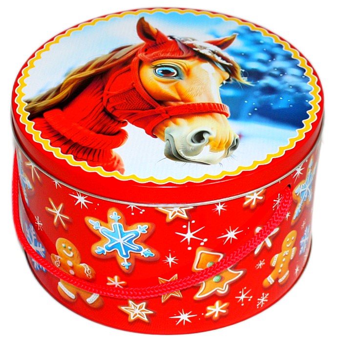 Сладкий новогодний подарок в жестяной упаковке весом 610 грамм